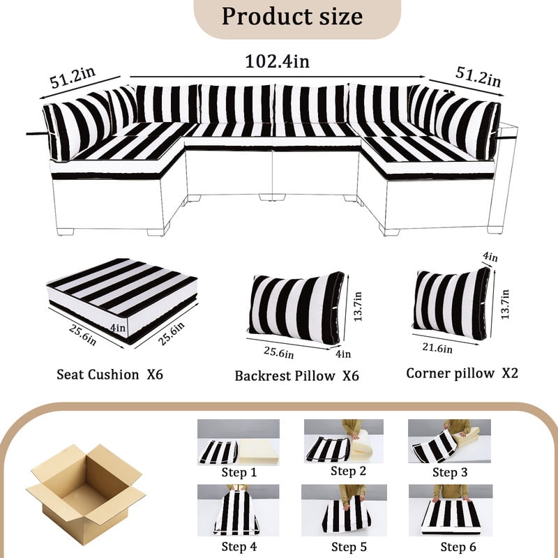 14 Pieces Outdoor Replacement Sectional Cushions Set, Waterproof patio furniture cushions For Outdoor Furniture, 4in thick outdoor couch cushions For 6 Seat（Black white）