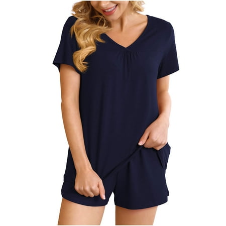 

Lounge Set for Women 2 Piece Outfits Solid Color Short Sleeve V Neck Pjs Sleepwear Soft Shorts Pajama Set Nightwear Womens Clothes