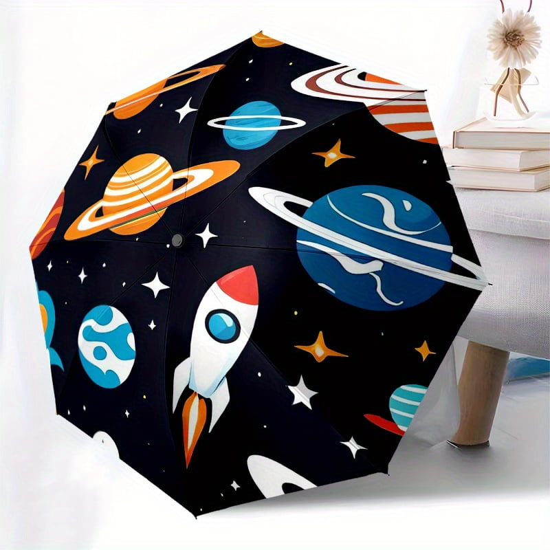 Space exploration umbrella with vivid cartoon planet and star design - compact automatic opening/closing, sturdy 8-rib steel frame, lightweight travel umbrella suitable for all seasons