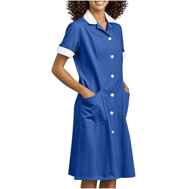 VEKDONE Women's Solid Color With Pockets Button Splicing Lapel Caregiver Sundress Nurse Sundress Work Midi Sundress Blue M