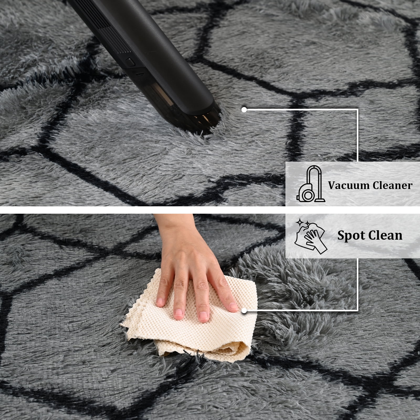 Pentantan 8ft x 10ft Shag Area Rugs for Living Room, Modern Geometric Fluffy Bedroom Carpet, Black & Gray