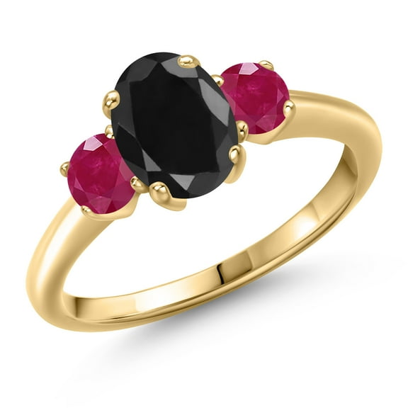 Gem Stone King 10K Yellow Gold Black Sapphire and Red Ruby Engagement Ring for Women | 2.36 Cttw | Oval 8X6MM | Gemstone September Birthstone | Size 5