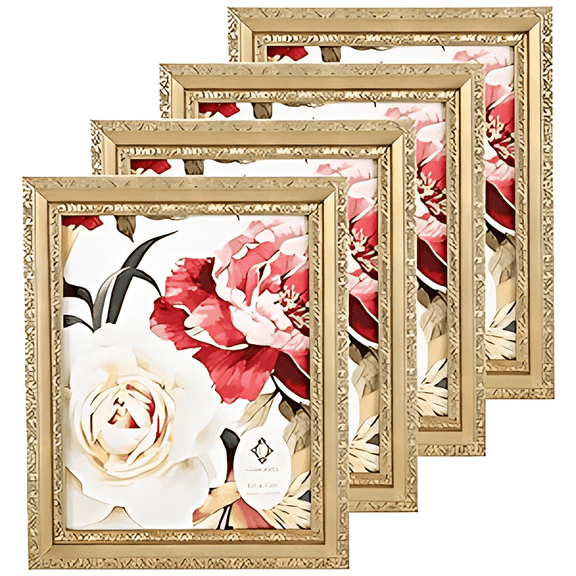 Concepts 5x7 Gold Picture Frames - Set of 4 Ornate Flower Photo Frames with HD Glass, Wall/Tabletop