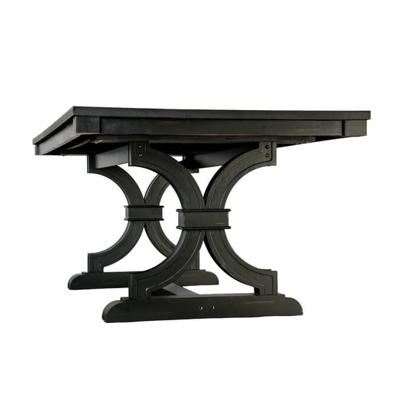 Luke Dining Table, 79 Inch Rectangular Top, Trestle Base, Black Wood