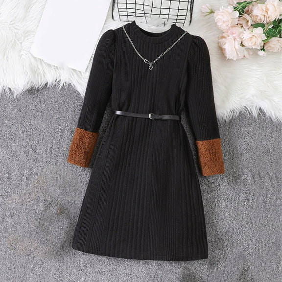 ATOGUTA Dresses for Little Girls Knit Velvet Long Sleeve Sweater Dress with Black Belt Black Size 8-13