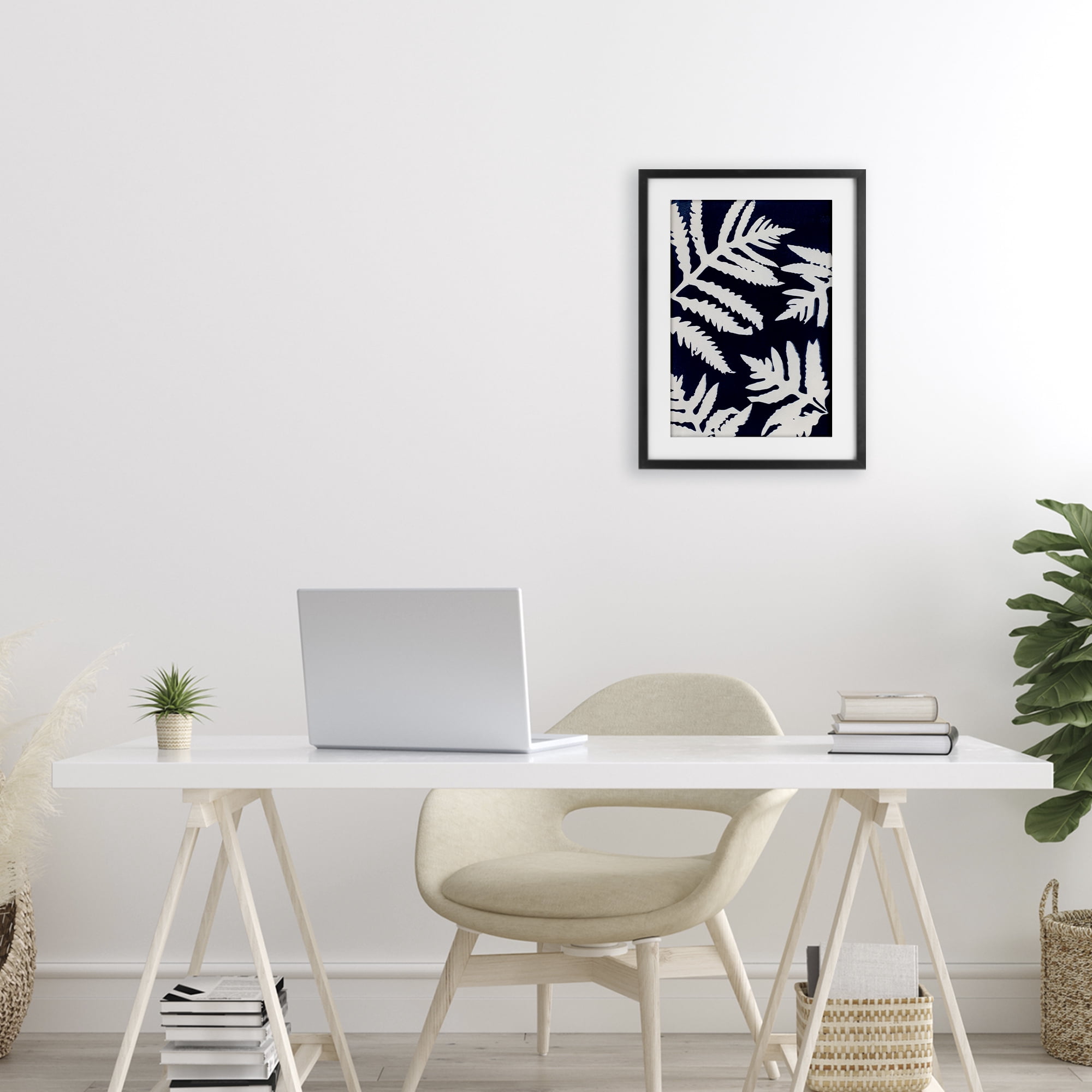 Stupell Industries White Ferns on Indigo Black Framed Print Under Glass, design by Lynn Byrd