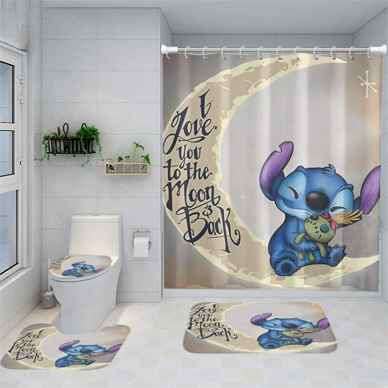 Lheaggik Cute Cartoon 4 Pcs Bathroom Sets with Shower Curtain and Rugs, Waterproof Polyester Shower Curtain Sets with Hooks