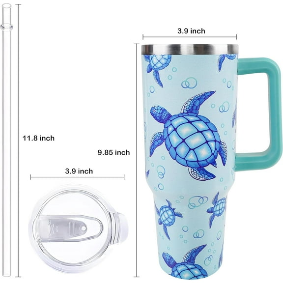 40 oz Sea Turtle Tumbler with Handle and Straw, Travel Mug Water Bottle, Stainless Steel Insulated Cup with Lid and Straw, Birthday Christmas Gifts