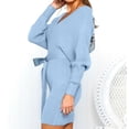 thumbnail image 5 of VSSSJ Womens V Neck Wrap Ribbed Knitted Dresses Fall Winter Solid Color Cutout Back Long Sleeve Tie Waist Sexy Mini Bodycon Dress Light blue01 L, 5 of 8