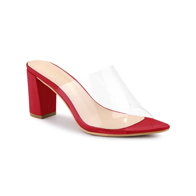 BLISSFUL STEP Mules à Talon Bloc Haut à Bout Pointu Transparent pour Femmes, Sandales à Enfiler Rouges 6