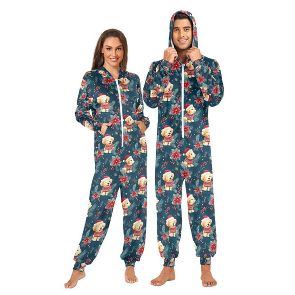Adult Christmas Onesie Poinsettia Christmas Dog Pattern Zipper One-Piece Pajamas Unisex with Pockets