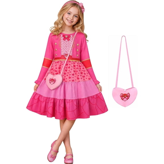 Halloween Princess Costume for G'irl's, Pink Princess Dress with Heart Bag, Halloween Cosplay Party Outfit & Fancy Dress Up