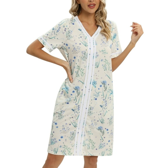 Women's Nightgown Short Sleeve Sleepshirt Floral Print Nightdress V Neck Night Shirts Casual House Dress