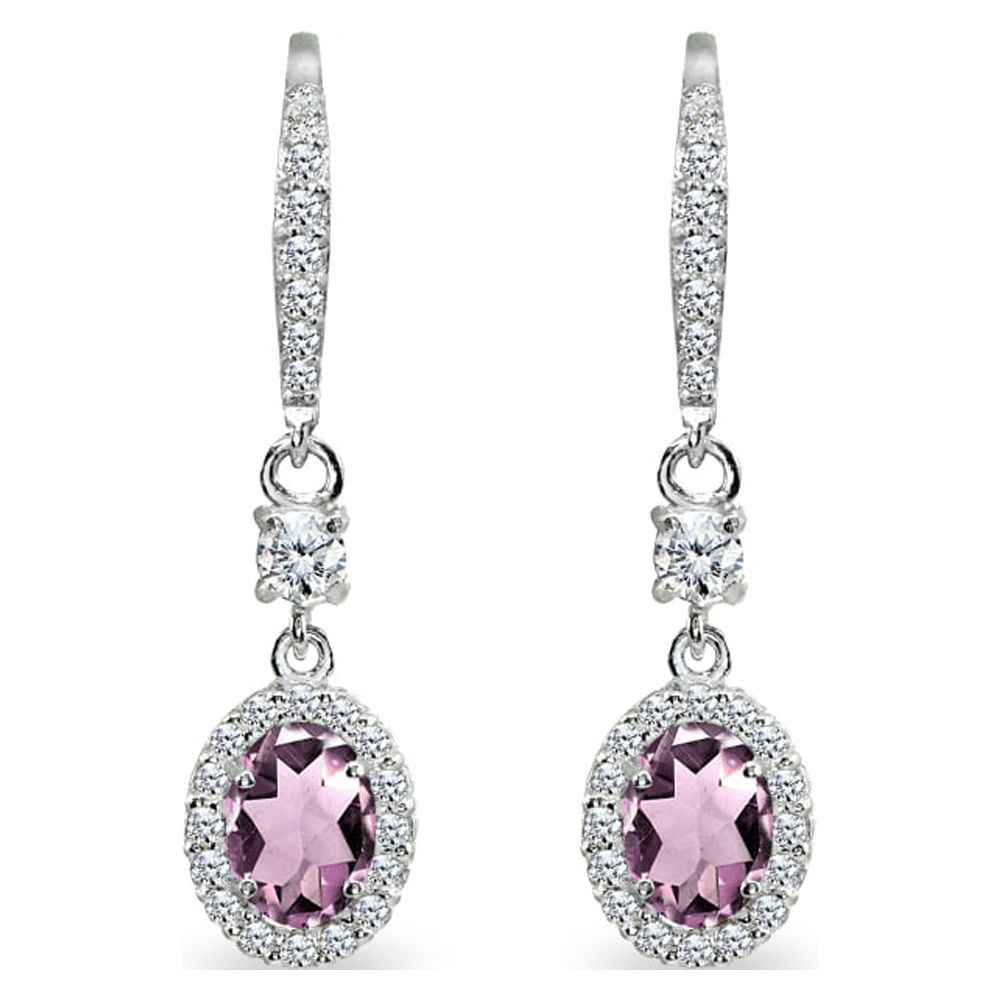 Simulated Alexandrite & CZ 7x5mm Oval Halo Dangle Earrings in Sterling Silver