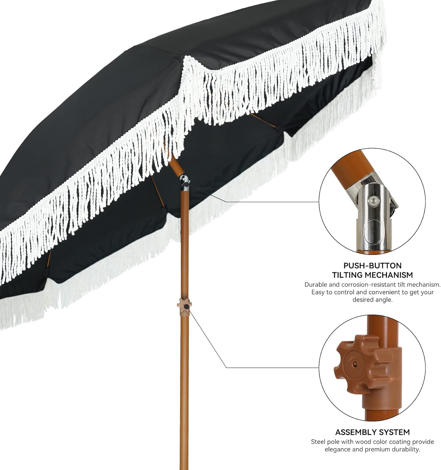 AMMSUN 7ft Patio Umbrella with Fringe Tassel, Black photo 4