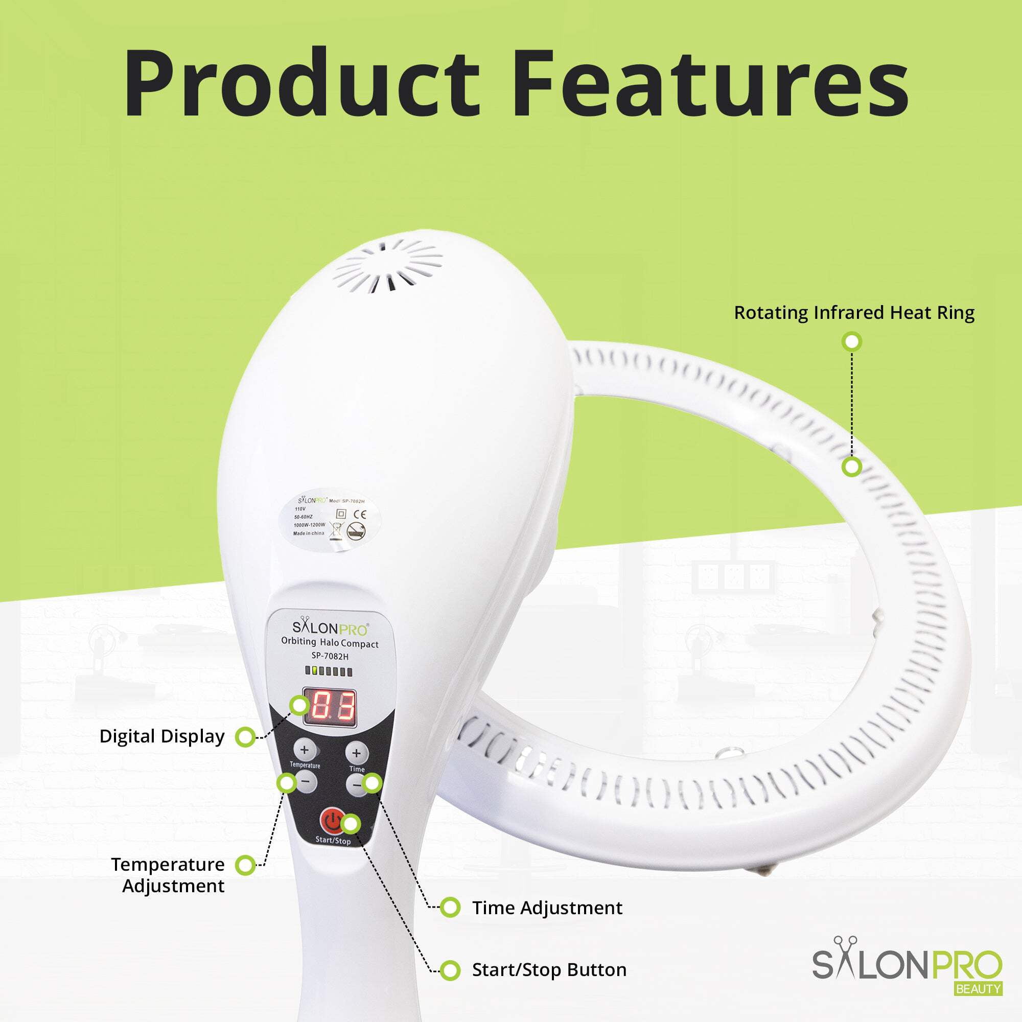 SalonPro Orbiting Halo Compact Infrared Hair Dryer  Color Processor – Rolling Base, White