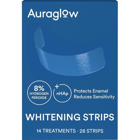 Auraglow Teeth Whitening Strips, Sensitive Whitening Strips, 14 Whitening Treatments, 8% Hydrogen Peroxide with Nano Hydroxyapatite (nHAp) to Reduce Sensitivity and Protect Enamel, 28 Strips, Mint