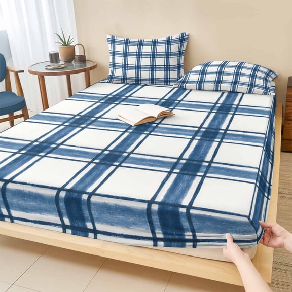 Twin XL Size Fitted Sheet Set - Blue Plaid 2 Piece Bedding Sets 16" Deep Pocket Fitted Sheet with 1 Pillowcases, Gingham Check Minimalist Modern Grid Farmhouse Brushed Microfiber Hotel Bed Sheets