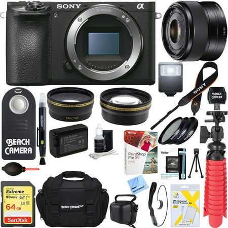 Sony ILCE-6500 a6500 4K Mirrorless Camera Body with 35mm Prime Fixed Lens + 64GB SDXC Memory Card + 0.43x Wide Angle + 2.2x Telephoto Lens Converter + Camera Case + Memory Card Reader +