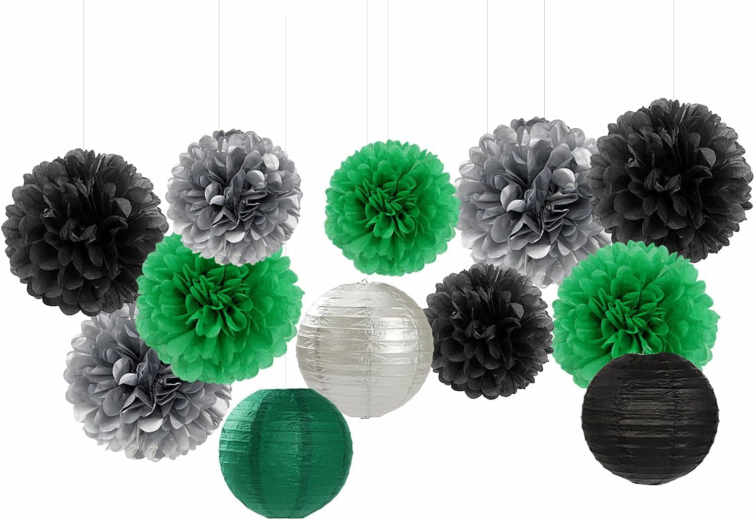 Green-Black Silver Party-Decorations Paper Flowers Lanterns - 15PCS Football Game Day Birthday Tissue Pom Poms Streamers, Bachelorette New Years Hanging Supplies Decor