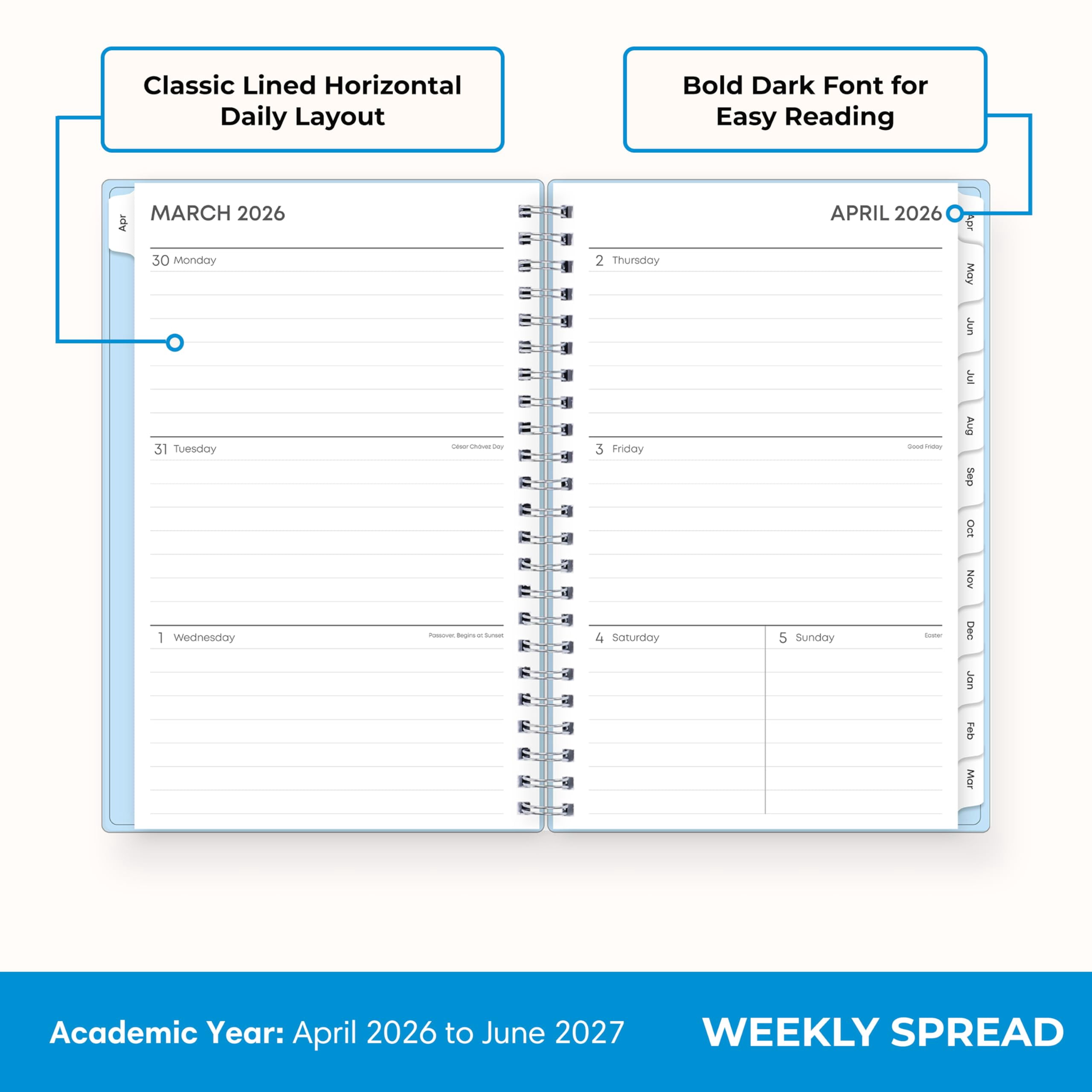 Blue Sky 2026-2027 Weekly and Monthly Academic Year 15 Month Planner Calendar, April 2026 - June 2027, 5" x 8", Flexible Cover With Pockets, Wirebound, Storage Pocket, Blues