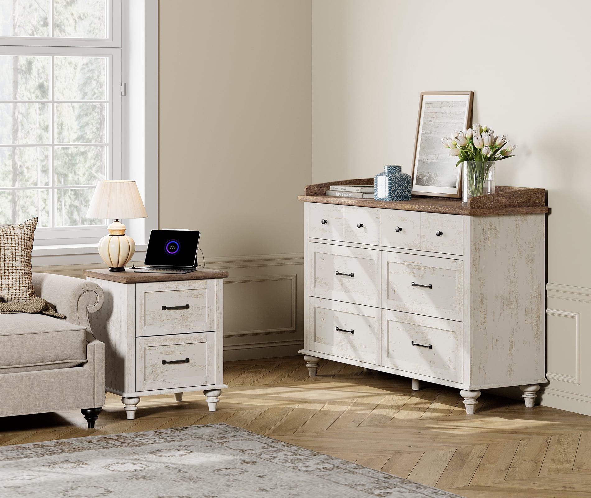 Antique White Side Table with 2 Drawers, Rustic End Table with Charging Station, Wooden Nightstand for Bedroom, Living Room