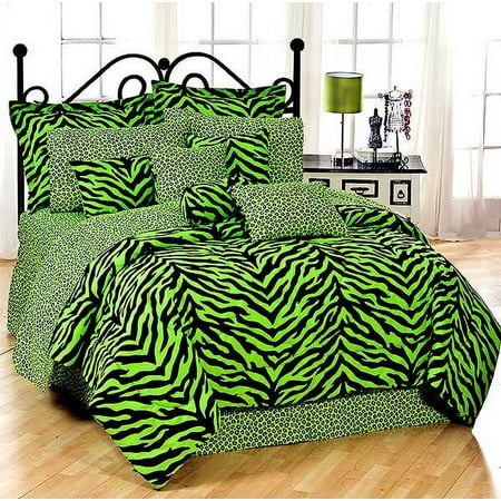 Black & Lime Green Zebra Print Bed in a Bag Set - Queen Size