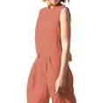 thumbnail image 3 of Qmyliery Women's Casual Pants Set Solid Color Round Neck Sleeveless Tops Button Closure Wide Leg Trousers, 3 of 9