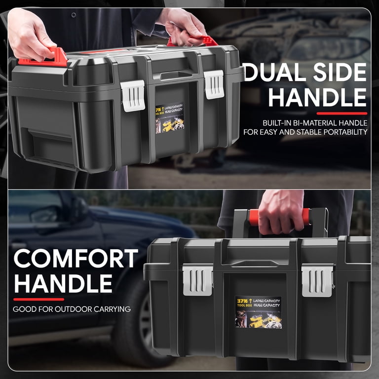 DNA MOTORING 2-Piece Lockable Tool Box Set – Large Capacity Storage With Removable Tray, Heavy-Duty Plastic, Portable For Garage, Workshop, Home