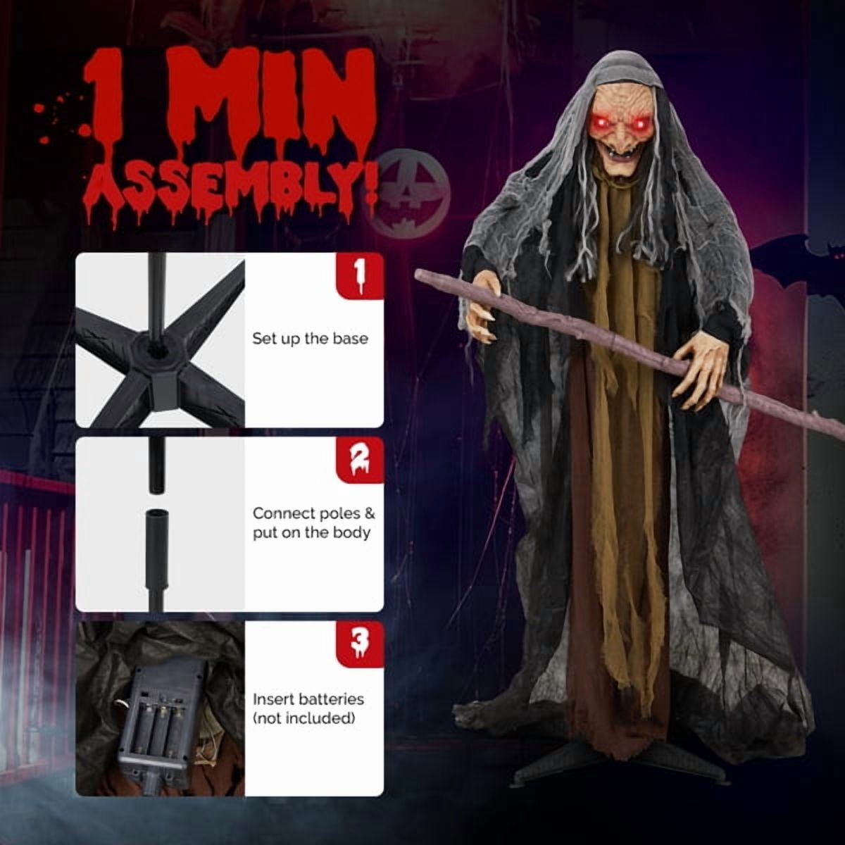 5.3FT Halloween Standing Decoration, Sensor-Activated (LED Eyes/4 Phrases/Swaying), Weather-Resistant Synthetic Fiber for Yard/Garden