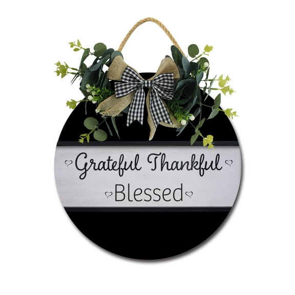 Grateful Thankful Blessed Front Door Sign Funny Wreaths Hanging Wooden Plaque Decoration Round Rustic Wood Farmhouse Porch Decor for Home Front Door Decor, 12 x 12 Inch