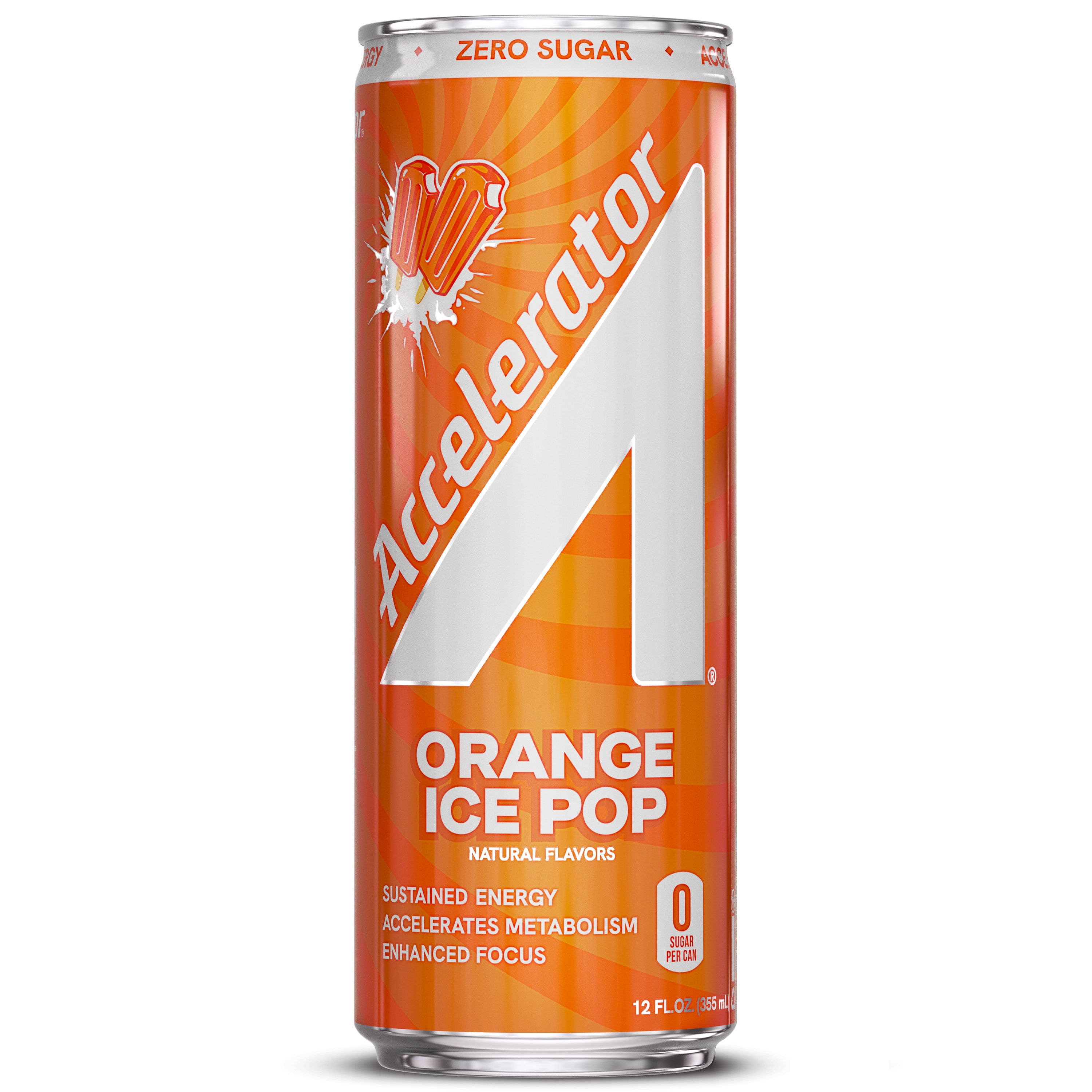 Accelerator Energy Drink, Orange Ice Pop 12 fl oz can (12 pack), Zero Sugar, Sustained Energy from 100% Natural Caffeine (200mg from Green Coffee Bean & Green Tea extract)