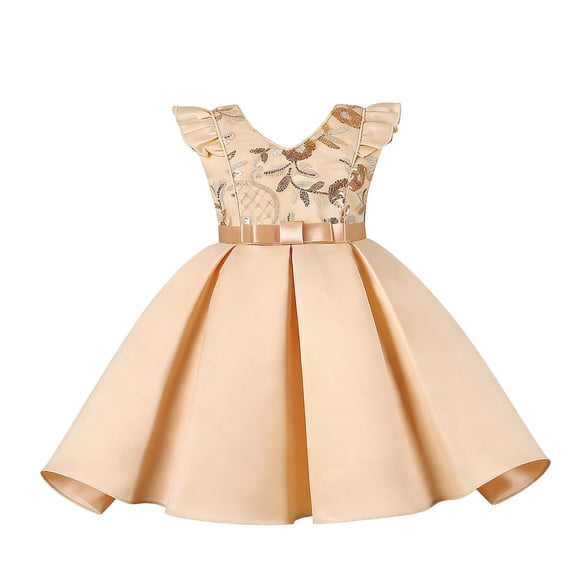 SonxaHe Toddler Girls' Dress Flutter Sleeves Sparkling V Neck Princess Dresses Wedding Birthday Party Gown for Teen Beige,Szie 2-3 Y