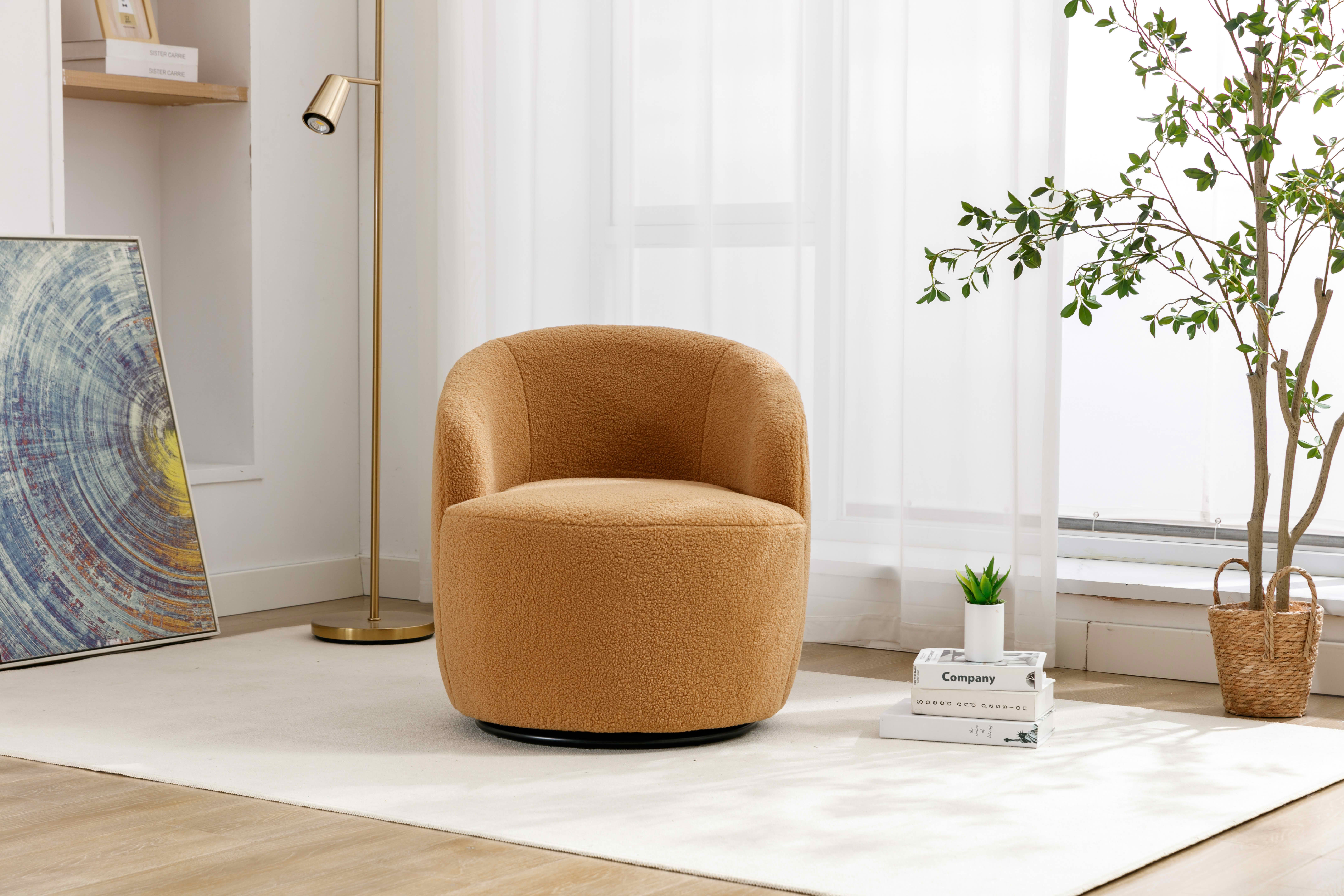 MAYEERTY Teddy Fabric Swivel Accent Armchair Barrel Chair, with Black Powder Coating Metal Ring, Khaki