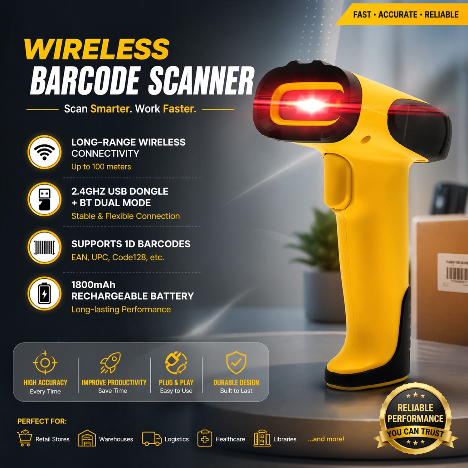 Electronic World Wireless 2D Barcode Scanner, USB QR Code Reader with Stand, High Speed Automatic Scanner for Inventory, Retail, Warehouse, POS & Small Business  Plug & Play with USB Receiver