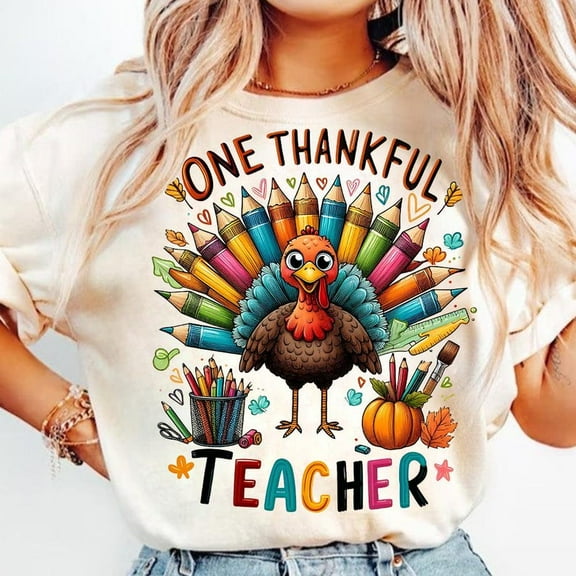 One Thankful Teacher T-Shirt, Thanksgiving Crayon Tee, Cute Turkey Shirt for Educators