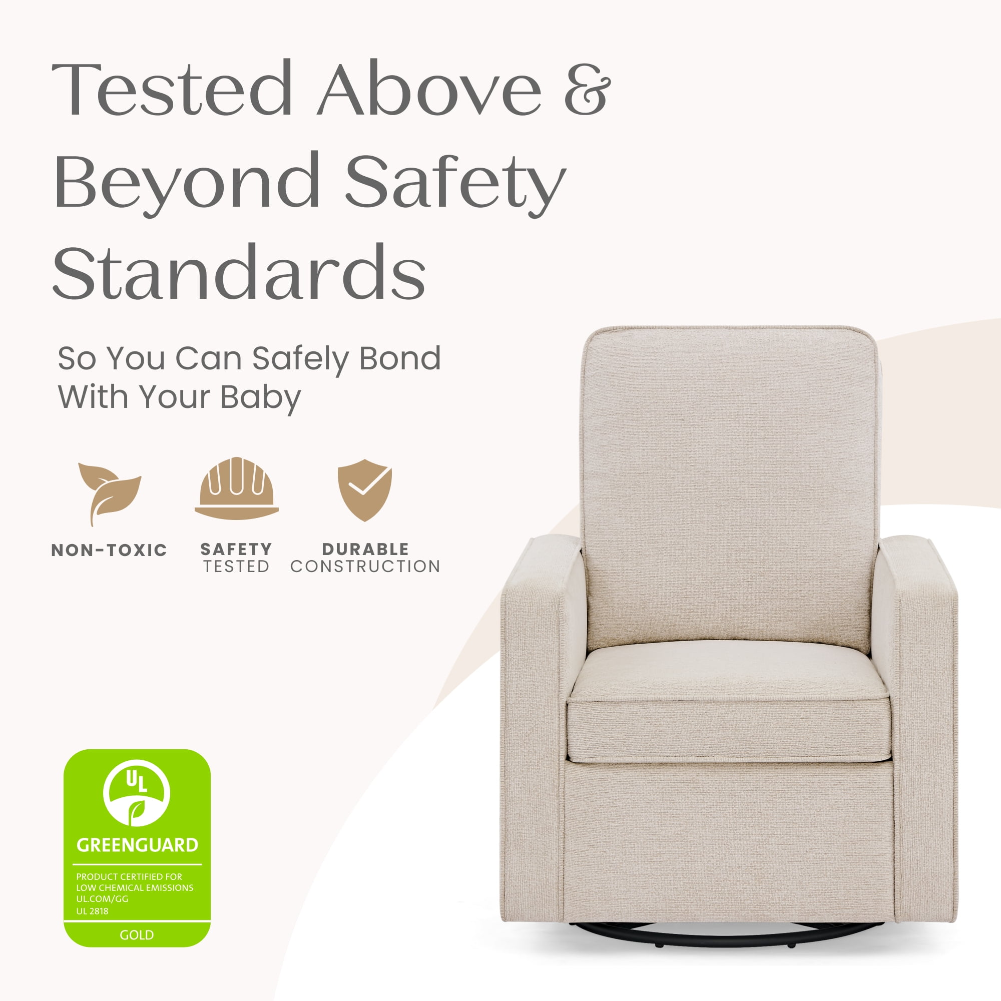 Delta Children Noah Upholstered Swivel Glider with Stain-Resistant Performance Fabric- Greenguard Gold Certified, Almond