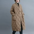 thumbnail image 2 of Lovskoo 2024 Womens Winter Coats Quilted Jacket Long Sleeve Large Loose Stand Collar Solid Medium Long Pocket Lightweight Cotton Padded Coat Khaki, 2 of 8