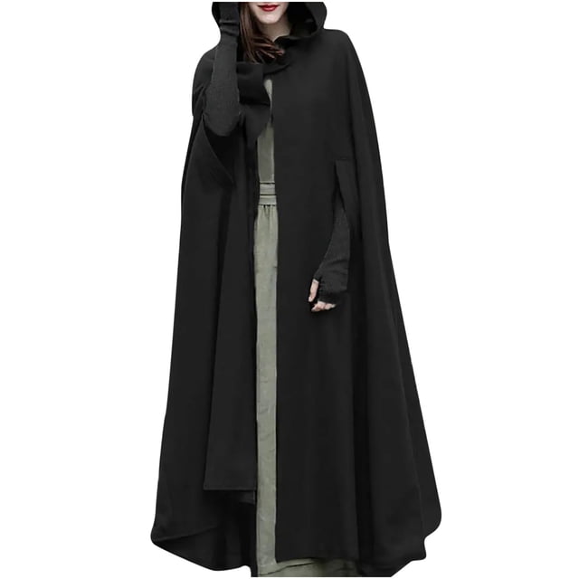 KIHOUT Spring Winter Warm Coat Women Fashion Solid Color Hooded Button Cloak Split Fork Woolen Overcoat,Size S-2XL