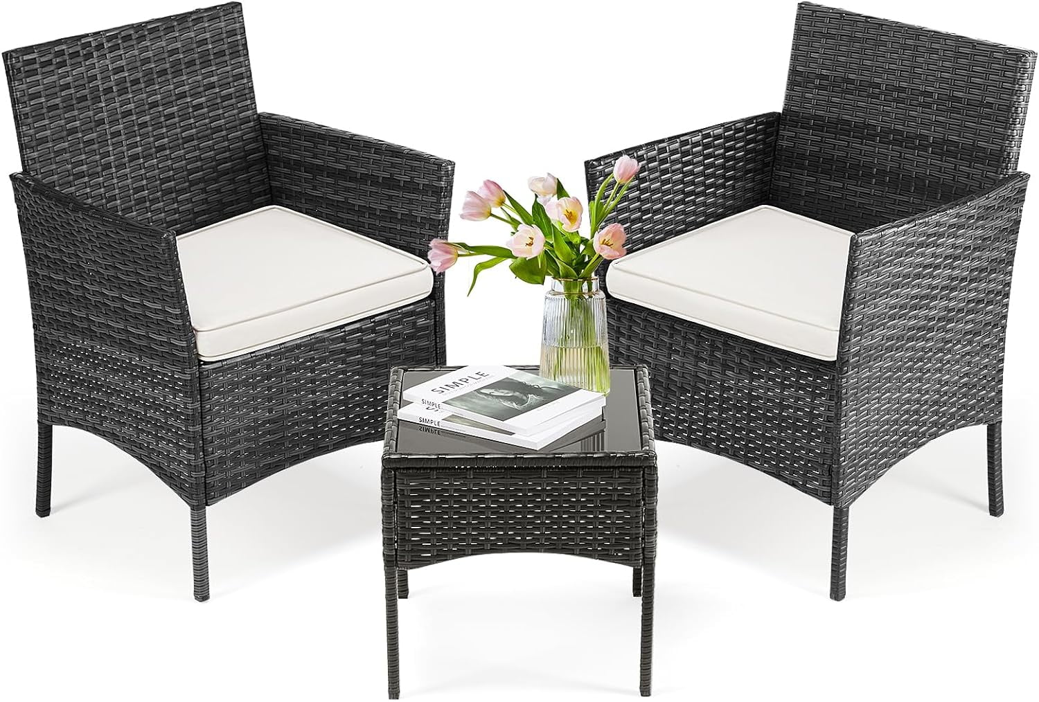 Patio Furniture Set, 3 Pieces All-Weather Rattan Outdoor Furniture Patio Chairs with Tempered Glass Table for Porch Bistro Balcony, Black