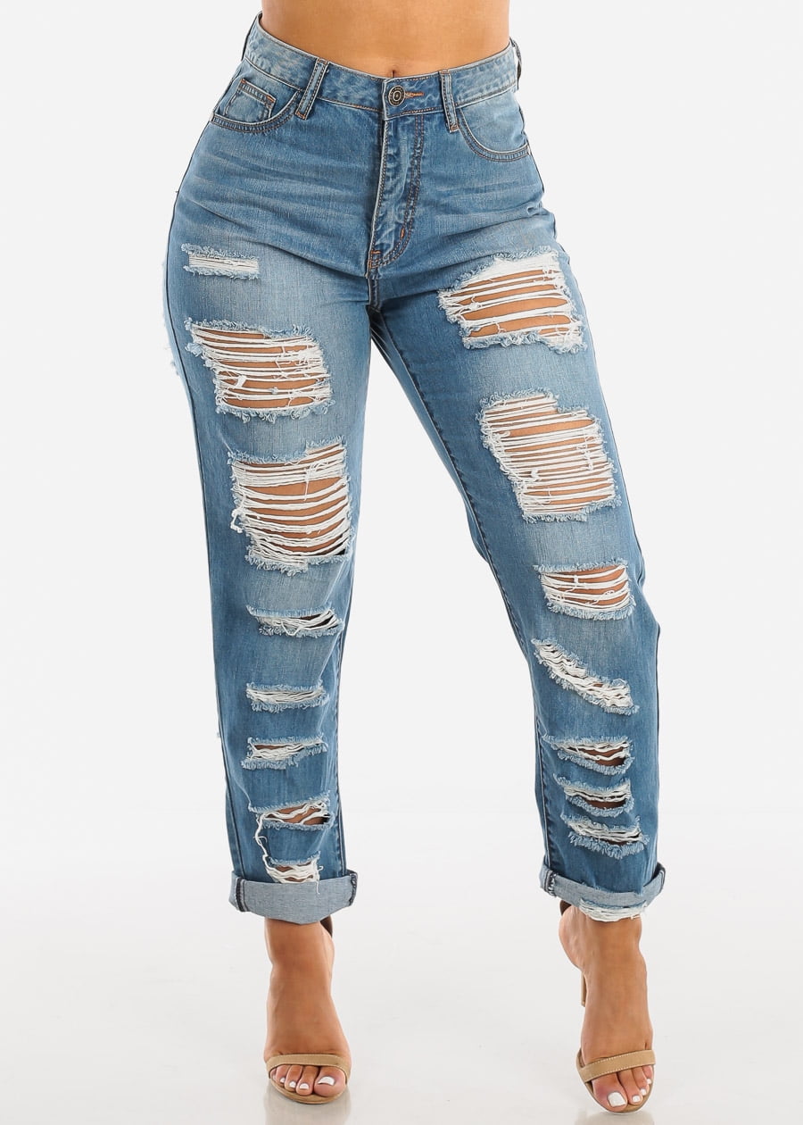 Womens High Waisted Boyfriend Jeans Ripped Roll Up Hem Light Wash Jeans