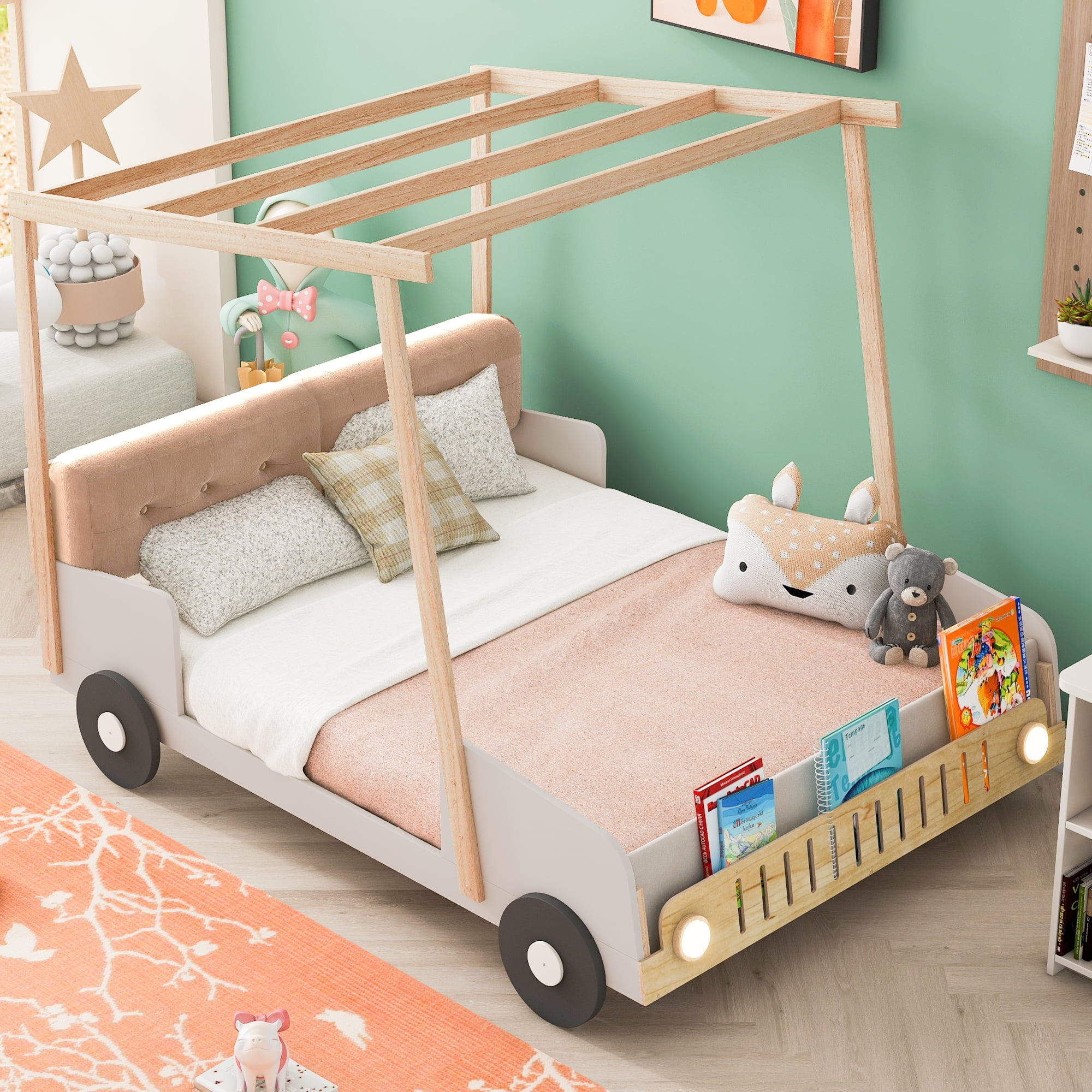 CoSoTower Wood Full Size Car Bed with Pillow, Ceiling Cloth and Led, Natural