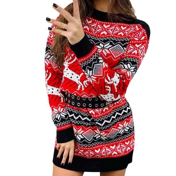 Vestido de suéter largo de manga larga con cuello redondo y diseño de alce navideño para mujer Fridja nbo1599