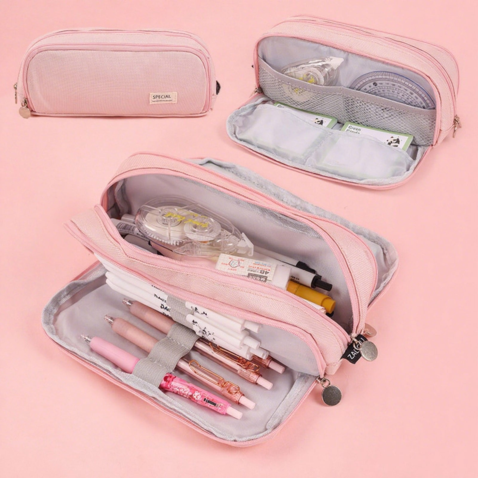 HengDidi 3-Piece Double Layer Japanese Korean Style Fabric Pen Organizer Multi-Pocket Stationery Storage Box for Campus and Office Decor