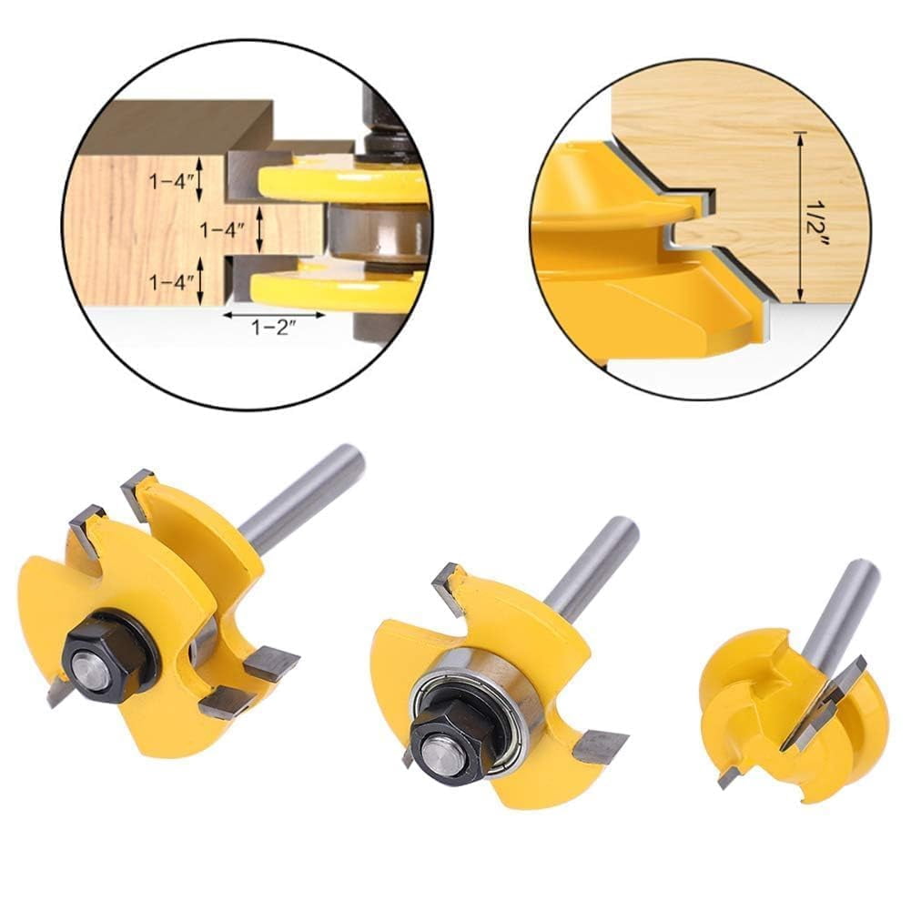 Zgui 3Pcs Router Bits Set 1/4 Inch Shank 45 Degree Miter Router Bit Woodworking Wood Cutter, Wood Carbide Groove Tongue Milling Tool Joint Router Bits Lock Miter Router Bit Wood Milling A418
