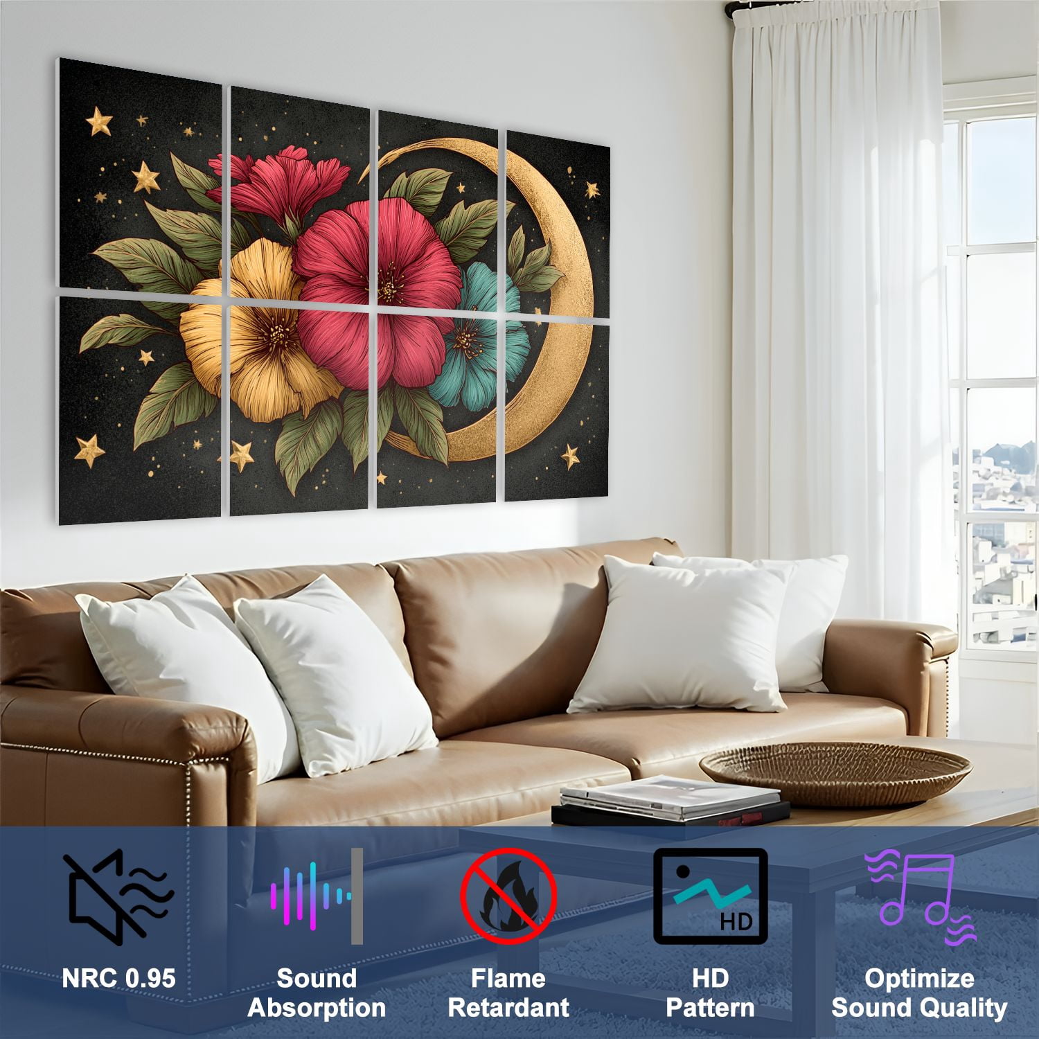 8 Pack Art Acoustic Panels Sound Absorbing Vintage Dark Moon Botanical Night Forest 3D Texture Hand Drawn Decorative Soundproof Wall Panels Self Adhesive for Studio Home Office 48"x32"