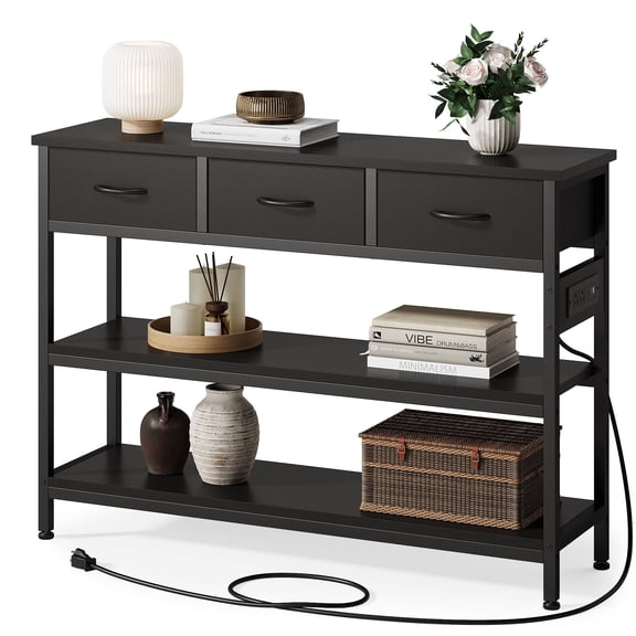 Aufeile 43" Narrow Console Table, Entryway Table with 3 Drawers and Outlets, Fabirc Sofa Table with Open Shelves for Couch, Hallway, Foyer, Living Room, Black