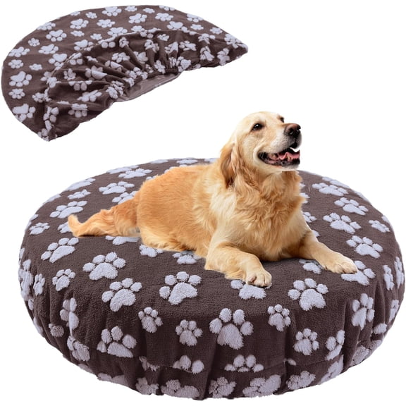 Round Dog Bed Cover, Paw Print Pattern, Double-Sided, Waterproof, Brown, Small