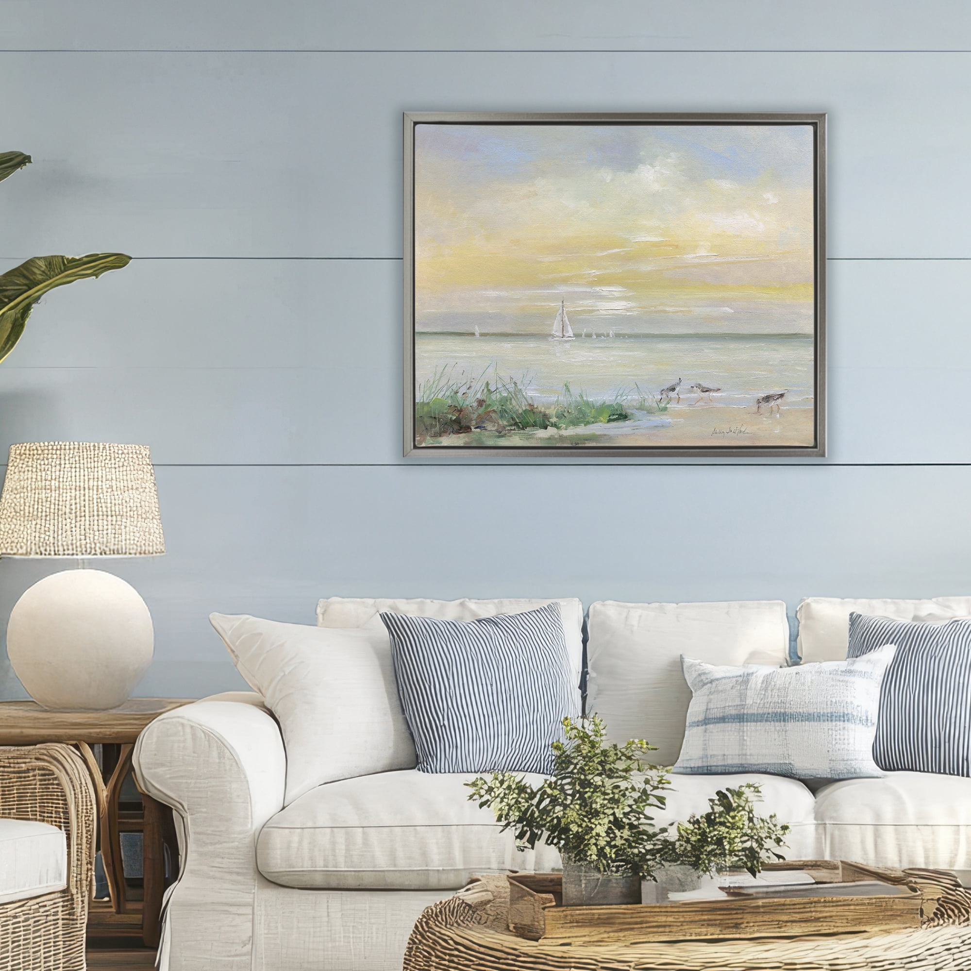 Stupell Industries Sailboats & Sanderlings Shore Gray Framed Floater Canvas Wall Art, design by Sally Swatland