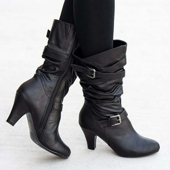 OKBOP Womens High Heels Mid-Calf Boots-Zipper Girls Boots Size 13 Christmas Causal Winter Boots for Women Clearance Black